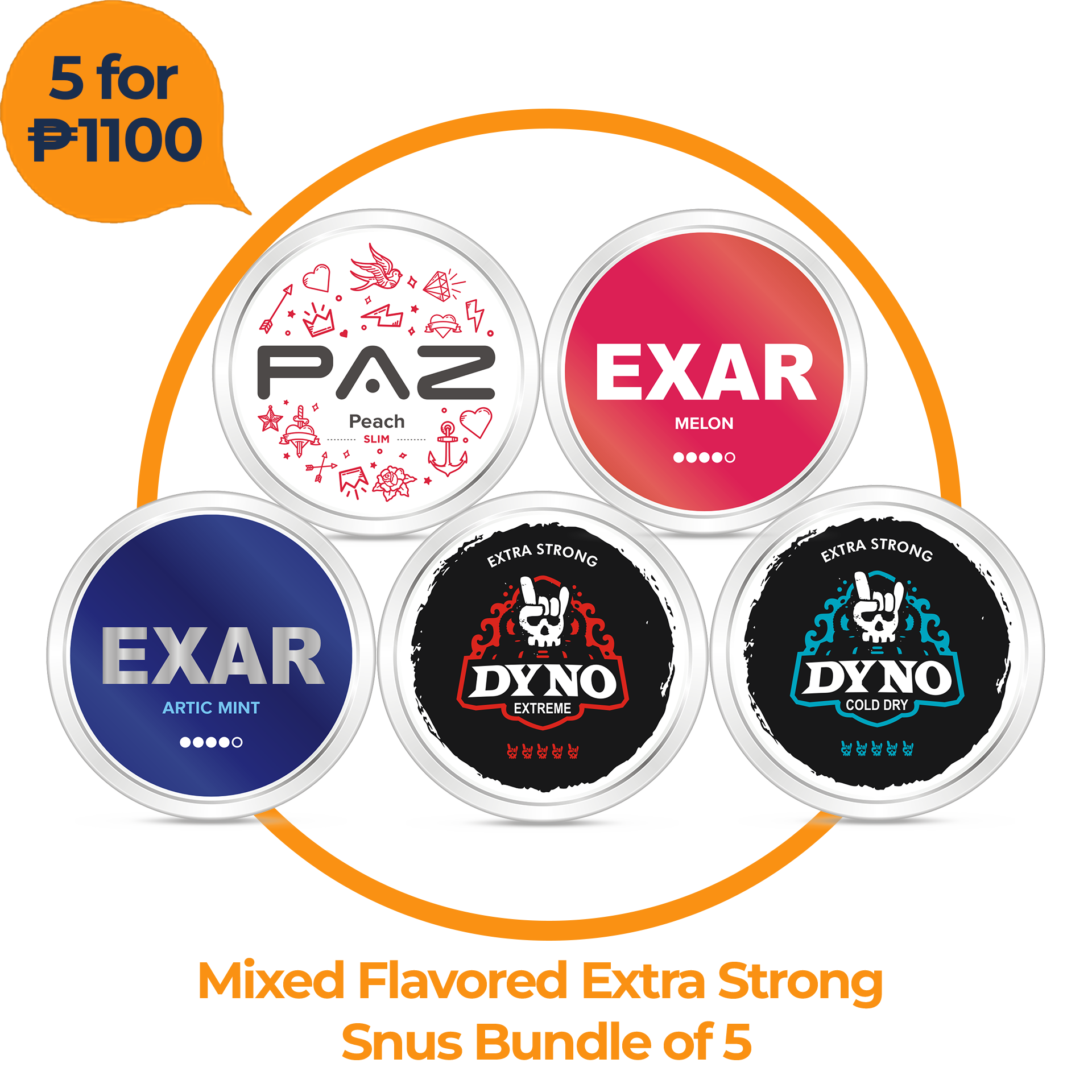 Mixed flavored extra strong snus bundle of 5
